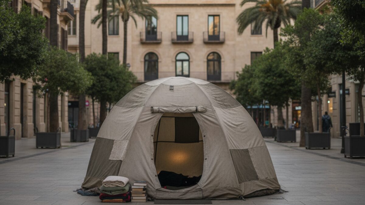 Temporäre Notunterkunft in einer ruhigen Straße auf Mallorca als Symbol für Obdachlosigkeit und soziale Herausforderungen