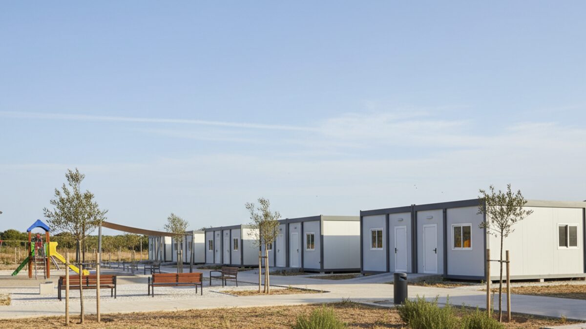 Moderne Barracken in Son Tous auf Mallorca zur Unterbringung unbegleiteter minderjähriger Migranten unter blauem Himmel