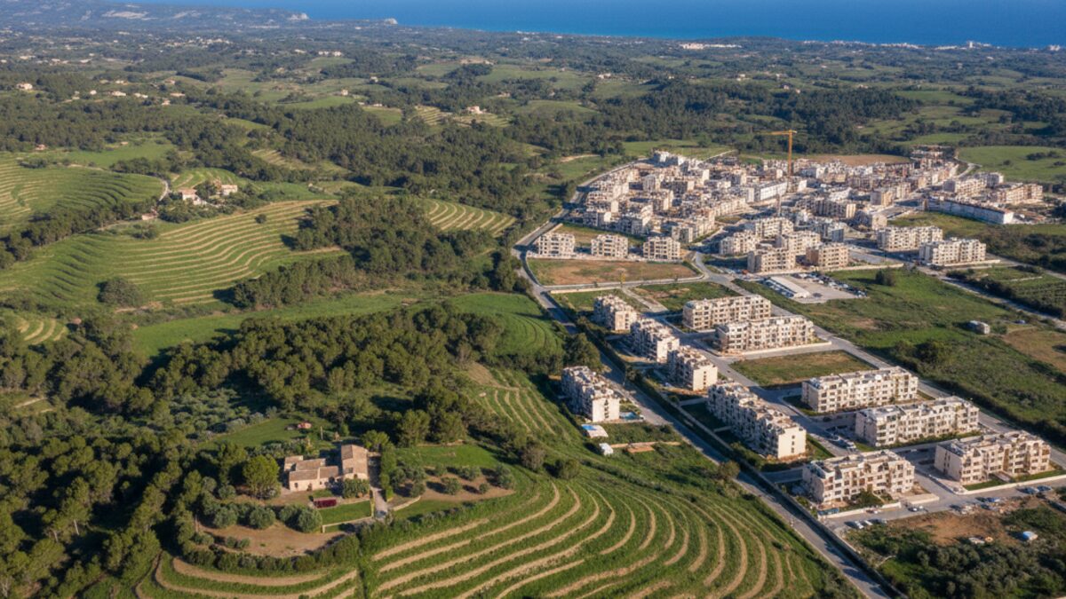 Panoramablick auf Mallorcas Landschaft mit neuem Wohnungsbau neben geschützten Agrar- und Waldflächen als Symbol für Bevölkerungsexplosion durch Bauvorschriften