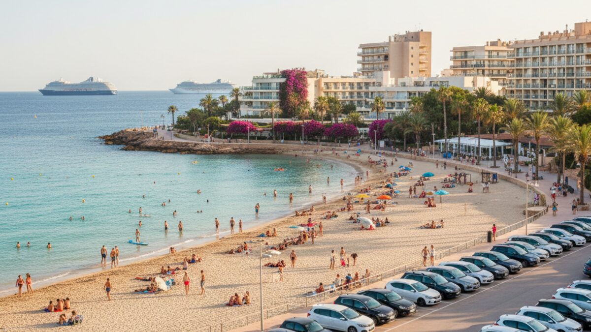 Mittelmeerstrand auf Mallorca mit moderatem Touristenaufkommen, Ferienunterkünften, Kreuzfahrtschiffen in der Ferne und Mietwagen, die den kontrollierten Tourismus symbolisieren