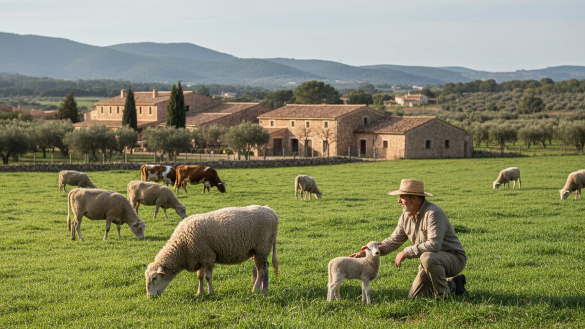 Gesunde Schafe und Rinder auf Mallorca-Weide mit Farmpersonal zur Bekämpfung der Blauzungenkrankheit