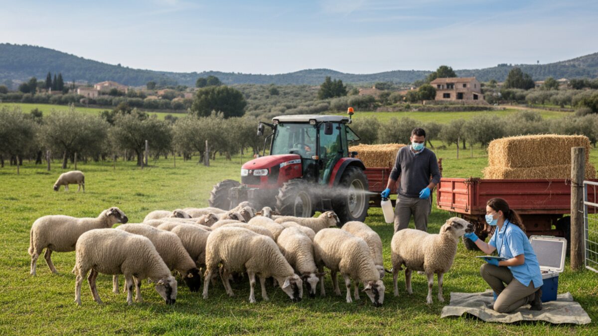 Schafe auf einem malerischen Bauernhof auf Mallorca mit einem Tierarzt, der eine Untersuchung durchführt, zeigen Maßnahmen gegen die Blauzungenkrankheit