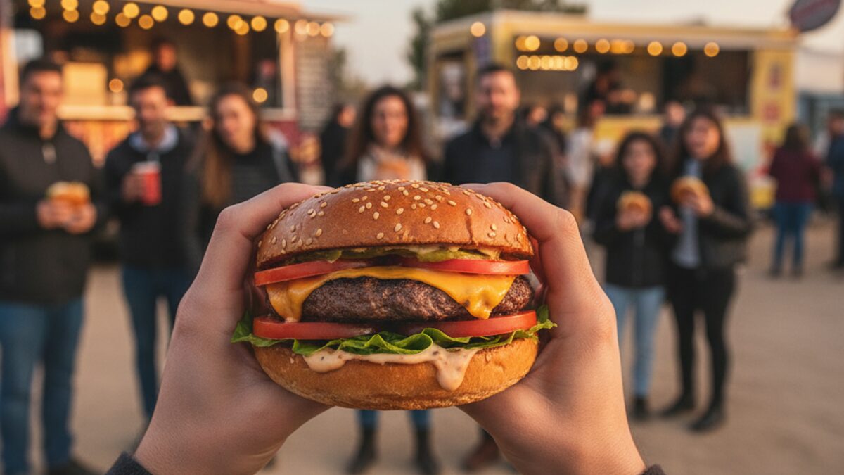 Gourmet-Burger mit frischen Zutaten vor unscharfem Hintergrund von Food Trucks und Besuchern beim Mallorca Burger Fest auf Son Fusteret