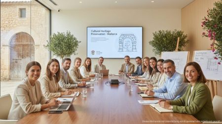 Informationsveranstaltung zur Förderung des Denkmalschutzes auf Mallorca mit Experten und Eigentümern in einem modernen Raum mit historischen Bauplänen