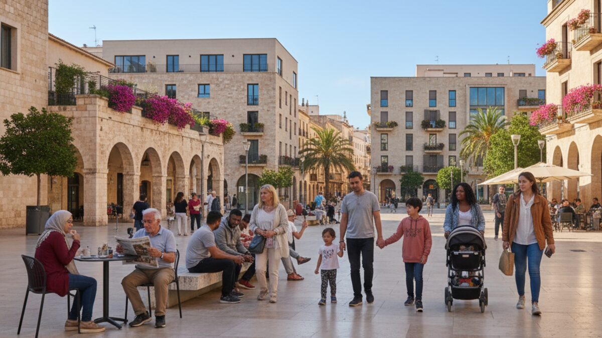 Vielfältige Menschen in einem belebten öffentlichen Platz auf Mallorca symbolisieren die komplexe Situation der Einwanderungspolitik und sozialen Herausforderungen.