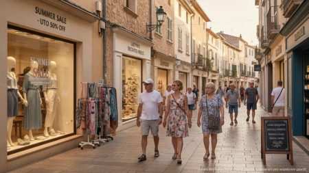 Mallorcas Einzelhandel leidet: Touristen sparen bei Ausgaben Einkaufsstraße auf Mallorca mit kleinen Geschäften und wenigen einkaufenden Touristen, die Rabatte suchen