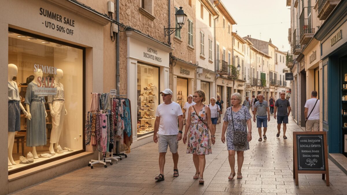 Einkaufsstraße auf Mallorca mit kleinen Geschäften und wenigen einkaufenden Touristen, die Rabatte suchen