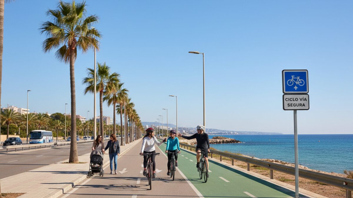 Sicherer Radweg auf Mallorca mit modernen Fahrradwegen, Radfahrern und klarer Beschilderung für sicheres Fahrradfahren