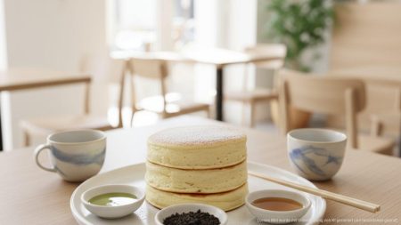 Mallorcas Frühstückstrend: Fluffige japanische Pancakes im Fokus Fluffige japanische Pancakes auf einem weißen Teller mit verschiedenen Sirupgeschmacksrichtungen in einem modernen Frühstückscafé auf Mallorca