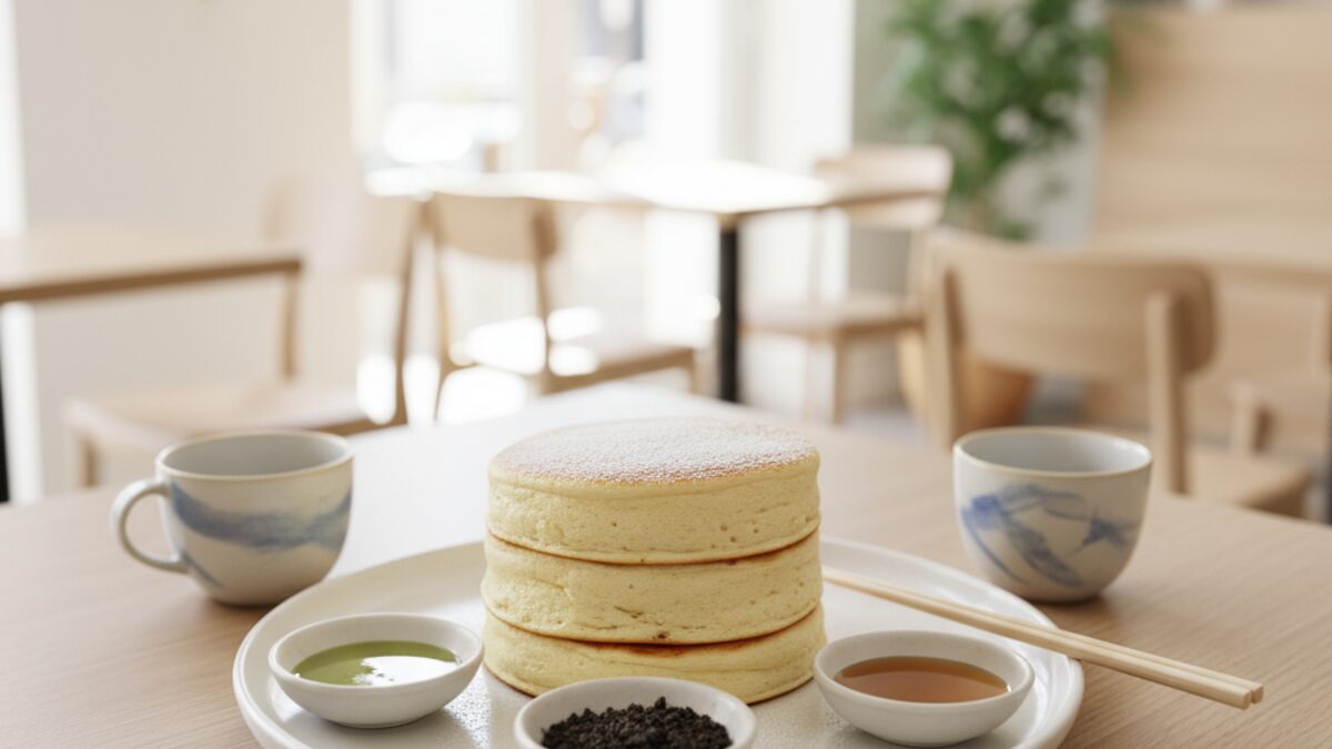 Fluffige japanische Pancakes auf einem weißen Teller mit verschiedenen Sirupgeschmacksrichtungen in einem modernen Frühstückscafé auf Mallorca
