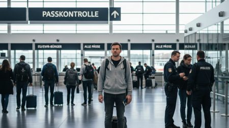 Mann steht verwirrt in falscher Schlange bei der Passkontrolle am Flughafen Köln/Bonn nach Rückkehr aus Mallorca