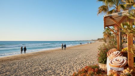 Mallorca im Herbst: Weniger Trubel, mehr Genuss auf der Insel Ruhiger Strand bei Playa de Palma auf Mallorca im Herbst mit wenigen Spaziergängern und herbstlicher Atmosphäre