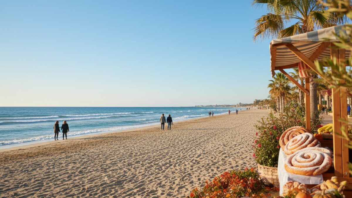 Ruhiger Strand bei Playa de Palma auf Mallorca im Herbst mit wenigen Spaziergängern und herbstlicher Atmosphäre