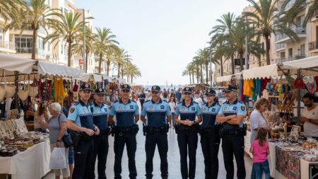 Mallorca: Illegale Straßenmärkte und Polizeiarbeit im Fokus Polizeieinsatz auf einer Promenade in Mallorca gegen illegale Straßenmärkte mit sichtbarer Polizeipräsenz und Marktständen bei Tageslicht