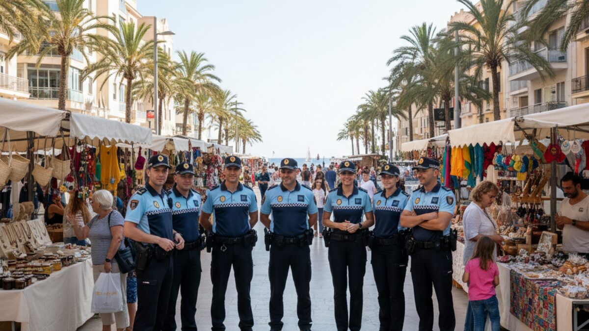Polizeieinsatz auf einer Promenade in Mallorca gegen illegale Straßenmärkte mit sichtbarer Polizeipräsenz und Marktständen bei Tageslicht