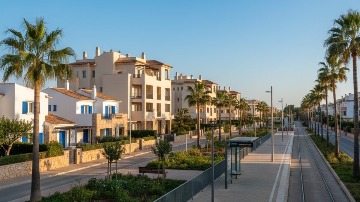 Moderner Wohnbezirk in den Randlagen von Palma de Mallorca mit Wohnungen und Einfamilienhäusern unter klarem Himmel