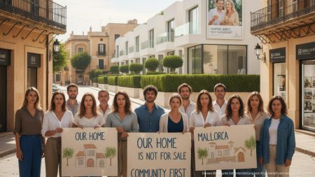 Lokale Bewohner Mallorcas protestieren gegen ausländische Immobilienagenturen vor luxuriösen Villen und Werbetafeln für Luxusimmobilien