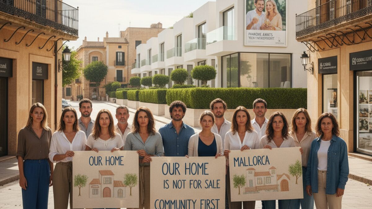Lokale Bewohner Mallorcas protestieren gegen ausländische Immobilienagenturen vor luxuriösen Villen und Werbetafeln für Luxusimmobilien
