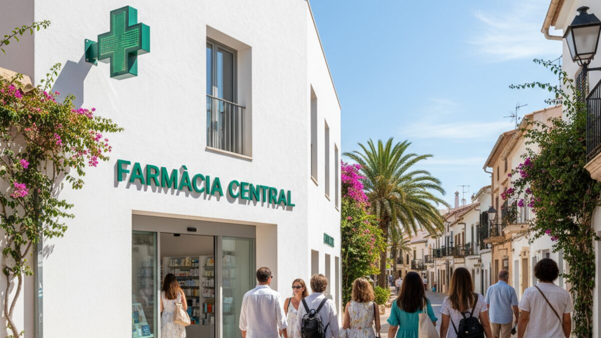 Moderne Apotheke in Mallorca mit Menschen vor dem Gebäude, symbolisiert verbesserte medizinische Versorgung auf der Insel