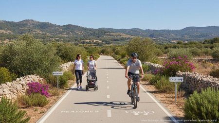 Moderne, gut gepflegte Fahrrad- und Fußgängerwege auf Mallorca mit Menschen, die umweltfreundlich unterwegs sind