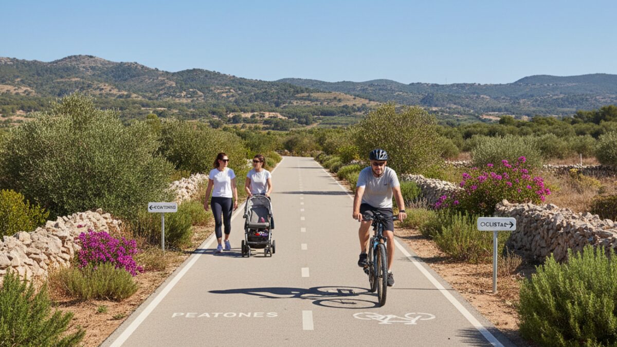 Moderne, gut gepflegte Fahrrad- und Fußgängerwege auf Mallorca mit Menschen, die umweltfreundlich unterwegs sind