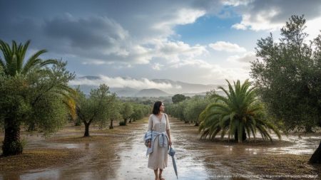 Regen und wechselhaftes Wetter erwartet Mallorca in dieser Woche Wechselhaftes Wetter auf Mallorca mit Regenwolken, teils sonnigem Himmel und nasser Landschaft