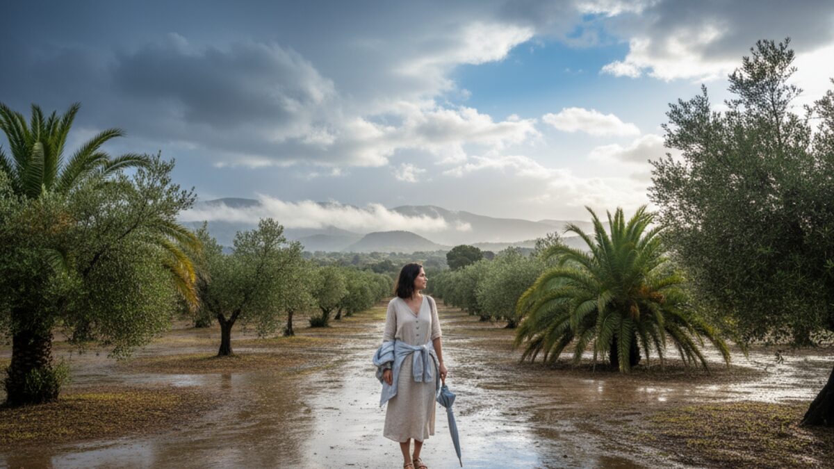 Wechselhaftes Wetter auf Mallorca mit Regenwolken, teils sonnigem Himmel und nasser Landschaft