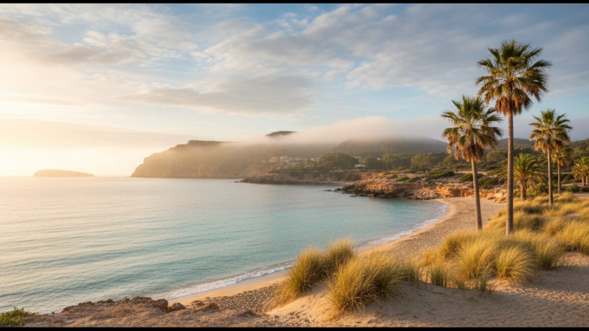 Küstenlandschaft von Mallorca mit teils bewölktem Himmel und leichtem morgendlichem Nebel bei stabilem Wetter und leicht steigenden Temperaturen