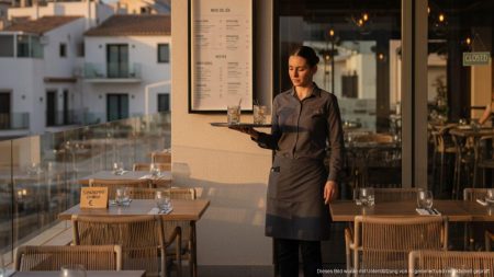 Mallorca: Steigende Kosten belasten Gastronomie schwer Leere Außenterrasse eines Restaurants auf Mallorca am Abend mit wenig Gästen unter warmem Licht und einem Kellner, der Getränke serviert, symbolisiert die finanziellen Herausforderungen der Gastronomie durch steigende Kosten