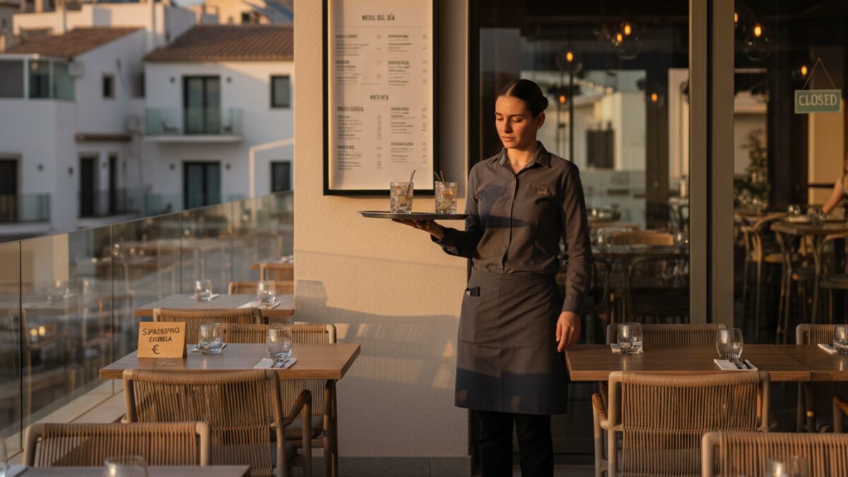 Leere Außenterrasse eines Restaurants auf Mallorca am Abend mit wenig Gästen unter warmem Licht und einem Kellner, der Getränke serviert, symbolisiert die finanziellen Herausforderungen der Gastronomie durch steigende Kosten