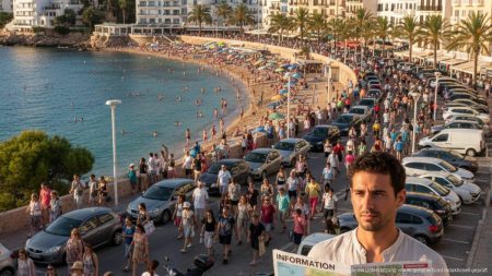 Mallorca: Warum der Tourismus an seine Grenzen stößt Panoramablick auf den belebten Tourismusbereich Mallorcas mit vielen Besuchern und Fahrzeugen am Meer, der die Überlastung und Herausforderungen für die Insel zeigt