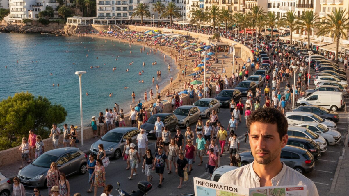 Panoramablick auf den belebten Tourismusbereich Mallorcas mit vielen Besuchern und Fahrzeugen am Meer, der die Überlastung und Herausforderungen für die Insel zeigt