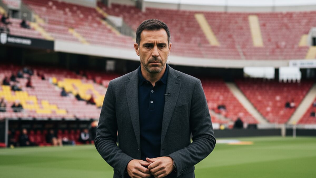 Mallorca-Trainer Jagoba Arrasate konzentriert auf der Trainerbank im Son Moix Stadion vor dem Spiel gegen Atlético Madrid