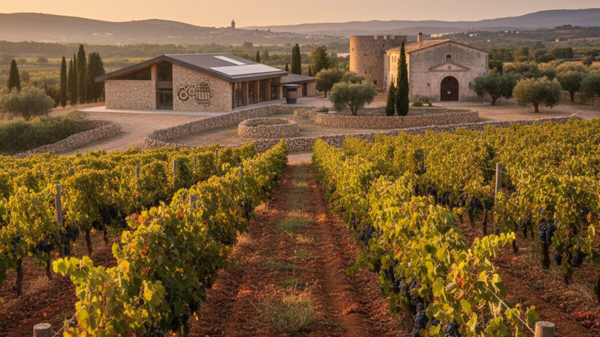 Landschaftliches Foto eines Weinbergs auf Mallorca bei Sonnenuntergang mit nachhaltiger Weinkellerei im Hintergrund, symbolisch für Miquel Olivers Vermächtnis.