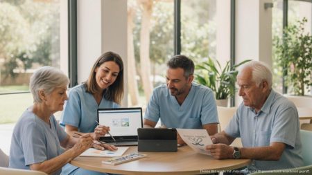 Pflegende unterstützen Alzheimer-Patienten in einem hellen, modernen Pflegezentrum auf Mallorca