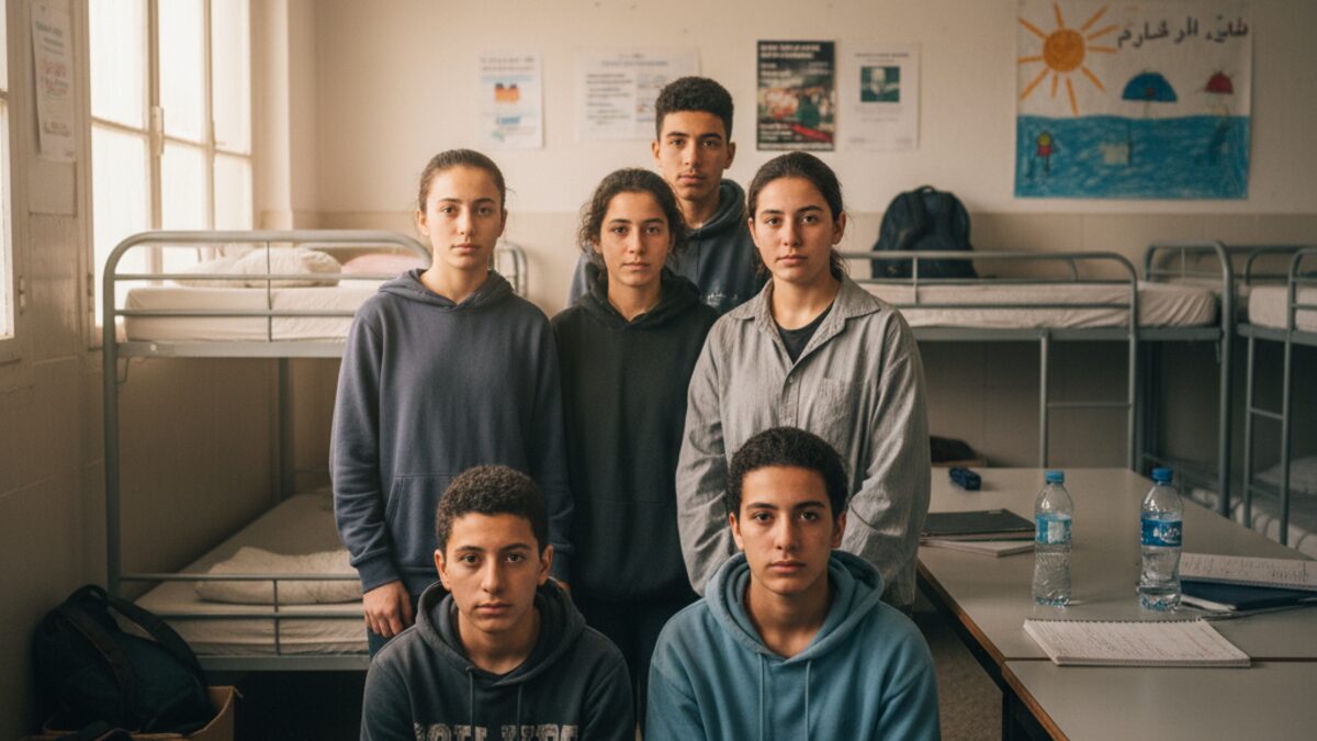 Gruppe unbegleiteter minderjähriger Migranten in einem überfüllten sozialen Betreuungszentrum auf Mallorca