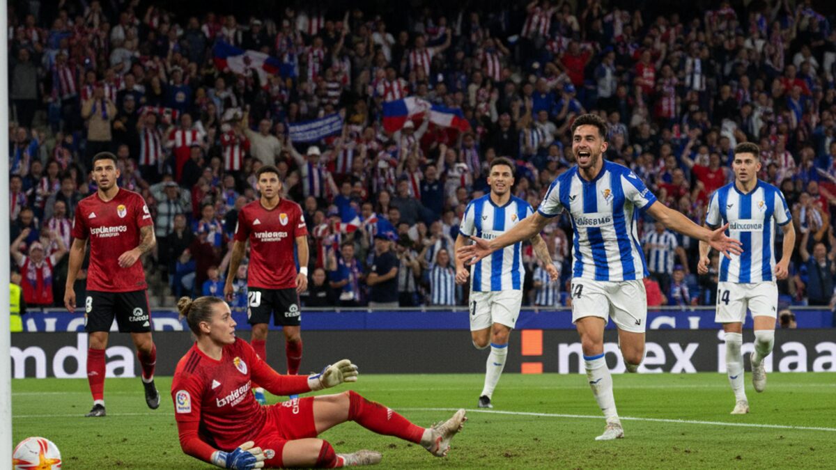 Dramatisches Fußballspiel zwischen Mallorca und Espanyol mit Torwart, der einen Ball verpasst, und gegnerischen Spielern, die jubeln