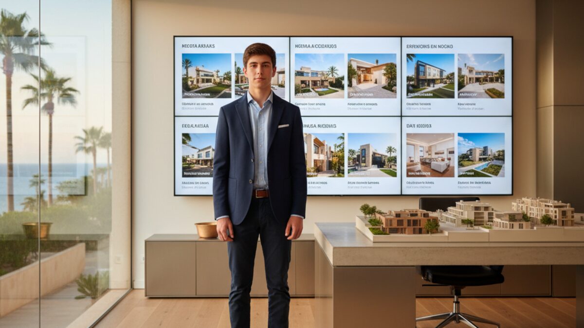 Ein 16-jähriger Immobilienmakler in einem modernen Büro auf Mallorca, der selbstbewusst in die Kamera schaut, realistische Darstellung des Immobilienmarkts
