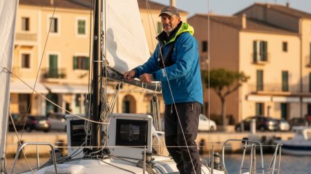 Der erfahrene Segler Hugo bereitet sich auf die historische Mini Transat Transatlantikregatta vor, stehend auf seinem Rennsegelboot im Hafen von Mallorca.