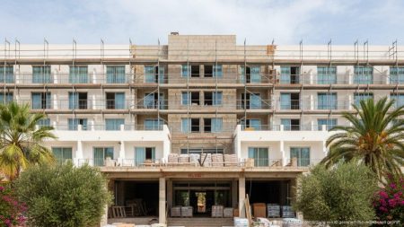 Managementprobleme führten zur Schließung des Vell Marí Hotels auf Mallorca Das Vell Marí Hotel auf Mallorca mit unvollendeten Renovierungsarbeiten und geschlossenem Eingang, symbolisiert Managementprobleme und touristische Herausforderungen in Can Picafort