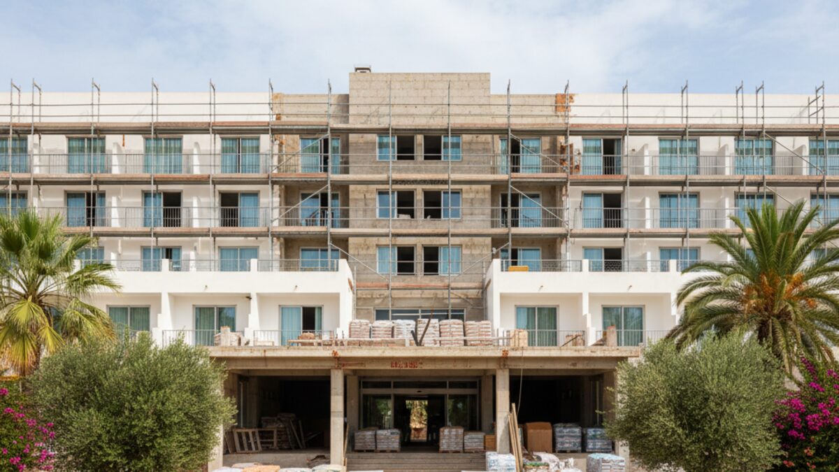 Das Vell Marí Hotel auf Mallorca mit unvollendeten Renovierungsarbeiten und geschlossenem Eingang, symbolisiert Managementprobleme und touristische Herausforderungen in Can Picafort