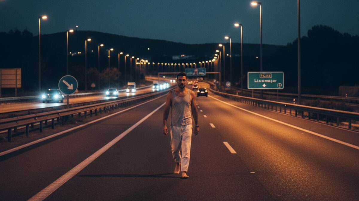 Mann barfuß und leicht bekleidet läuft nachts konzentriert auf der Autobahn Palma-Llucmajor in Mallorca entlang, umgeben von schwach beleuchteter Fahrbahn und vorbeifahrenden Autos