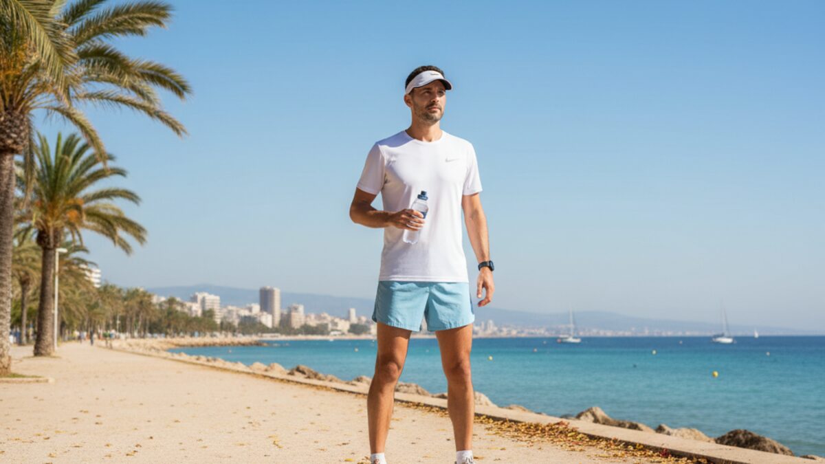 Läuferin auf einem mediterranen Küstenweg bei der Vorbereitung auf den Tui Palma Marathon mit passenden Laufausrüstungen und sonnigem Wetter