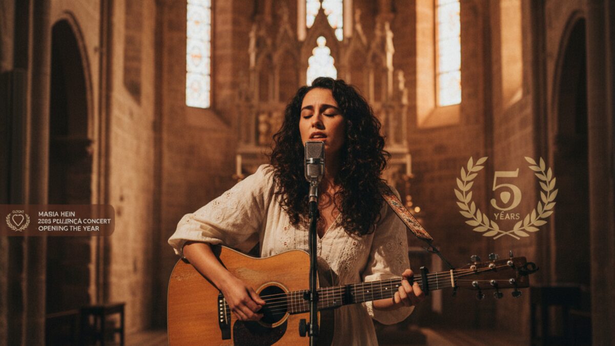 Maria Hein bei einem intimen Konzert im historischen Sant Domingo Kloster in Pollença, die Sängerin spielt Gitarre und singt leidenschaftlich auf der Bühne.