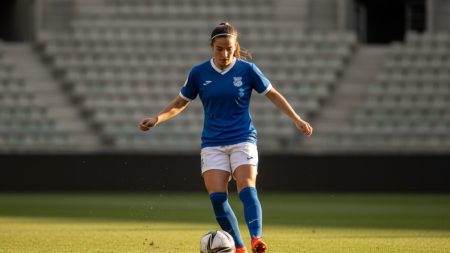 Mariona Caldentey als professionelle Fußballspielerin in Aktion bei Tageslicht im Stadion, symbolisch für ihre Auszeichnung des zweiten Platzes beim Ballon d'Or.