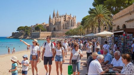 Massentourismus auf Mallorca: Umfrage zeigt vielfältige Meinungen Touristen und Einheimische auf Mallorca an einem belebten Strand mit klarem Himmel, symbolisiert die Umfrage zum Massentourismus auf den Balearen