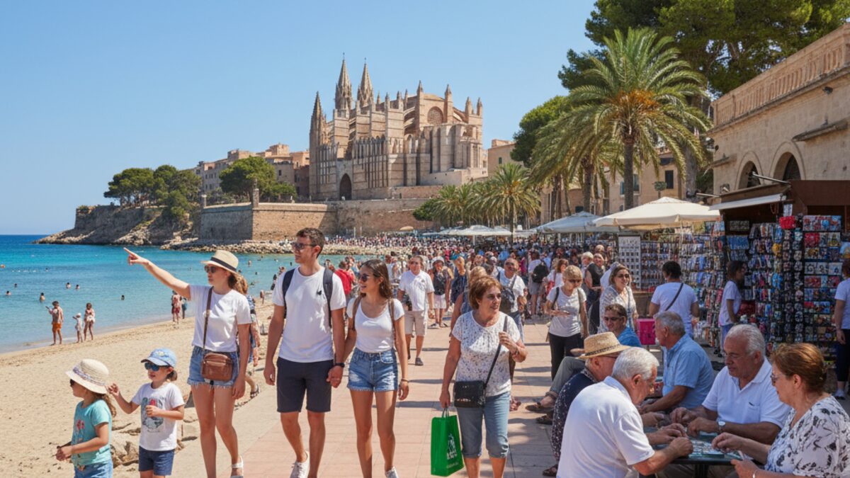 Touristen und Einheimische auf Mallorca an einem belebten Strand mit klarem Himmel, symbolisiert die Umfrage zum Massentourismus auf den Balearen