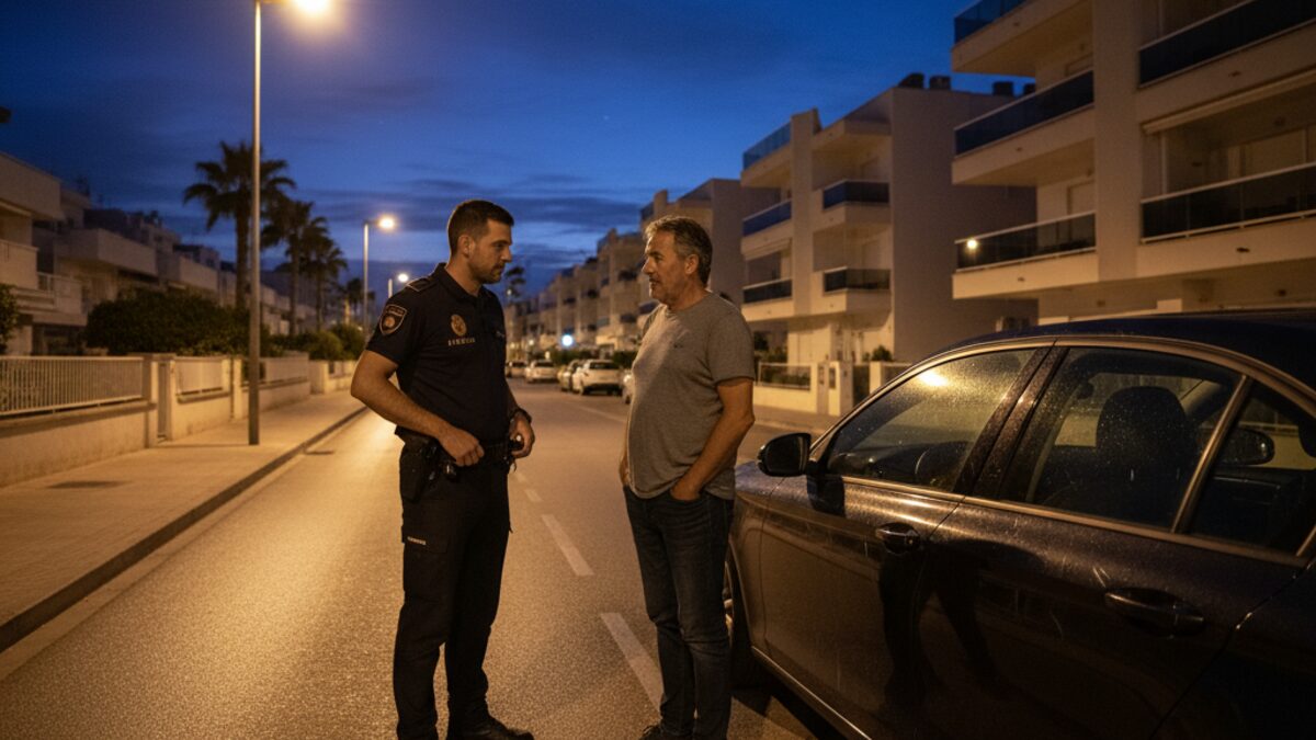 Nächtliche Straßenszene in Cala Ratjada mit Polizei, die einen Verdächtigen nach Messerbedrohung festnimmt