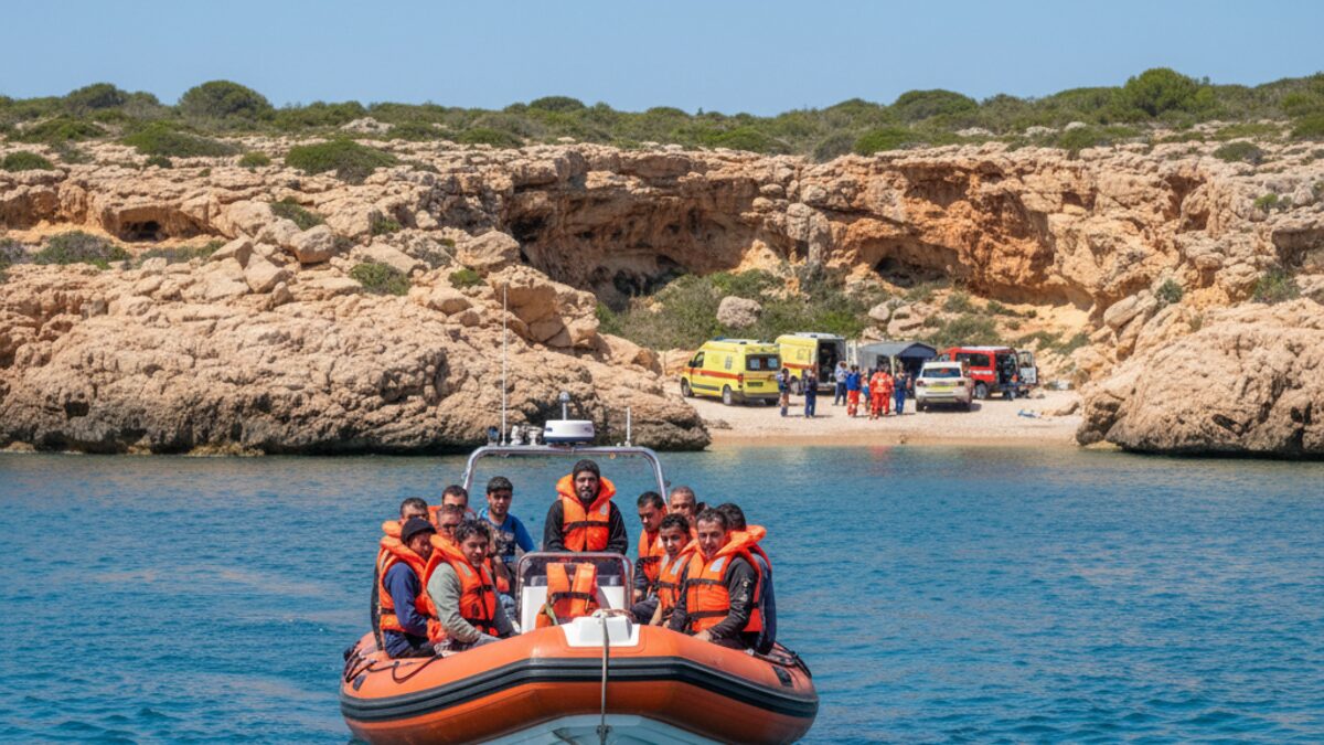 Rettungsboot mit Migranten auf dem Meer vor der Küste der Balearen unter blauem Himmel, mit Rettungskräften im Hintergrund