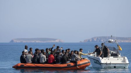 Boot mit Migranten nordafrikanischer und subsahara-herkunft wird vor den Baleareninseln von spanischer Guardia Civil gerettet